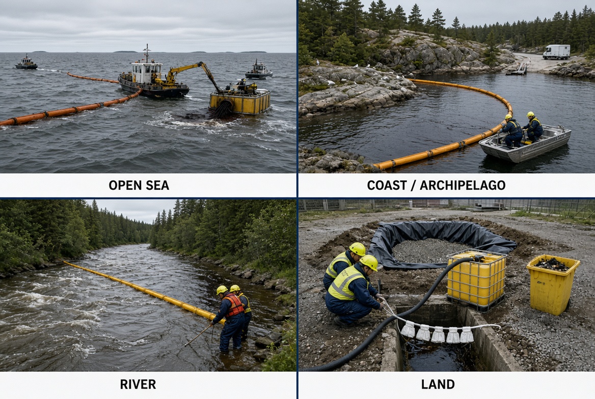 Four panels showing mechanical oil-spill response: booming and skimming at open sea, exclusion booming in a rocky archipelago bay, river booming anchored from the shore, and land recovery with sorbents, a buffer pit and a collection container