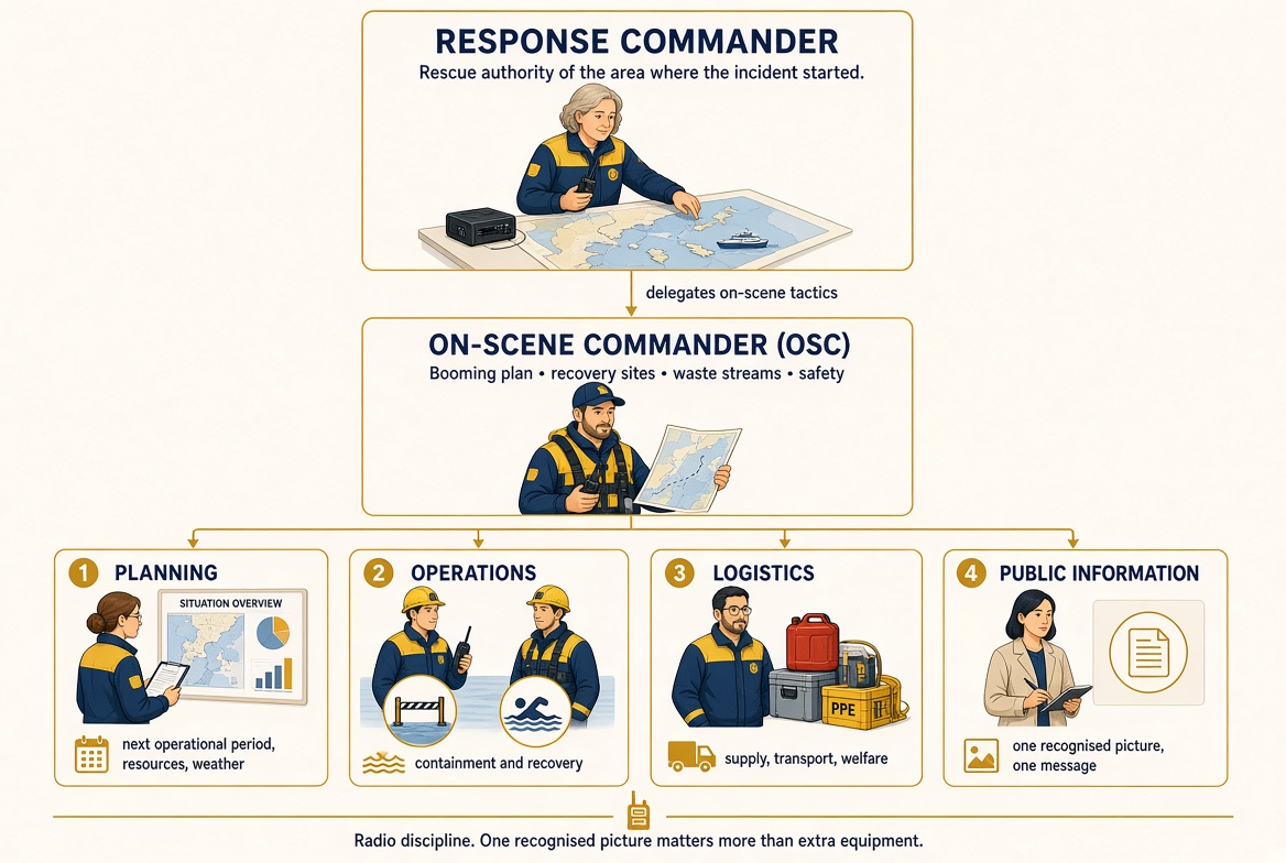 Organisation chart of an oil-spill response: the Response Commander delegates on-scene tactics to the On-Scene Commander, who directs the planning, operations, logistics and public information functions